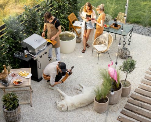 A group of friends laughing and having a good time in a backyard with no mosquitoes, enjoying the warm summer evening without interruption