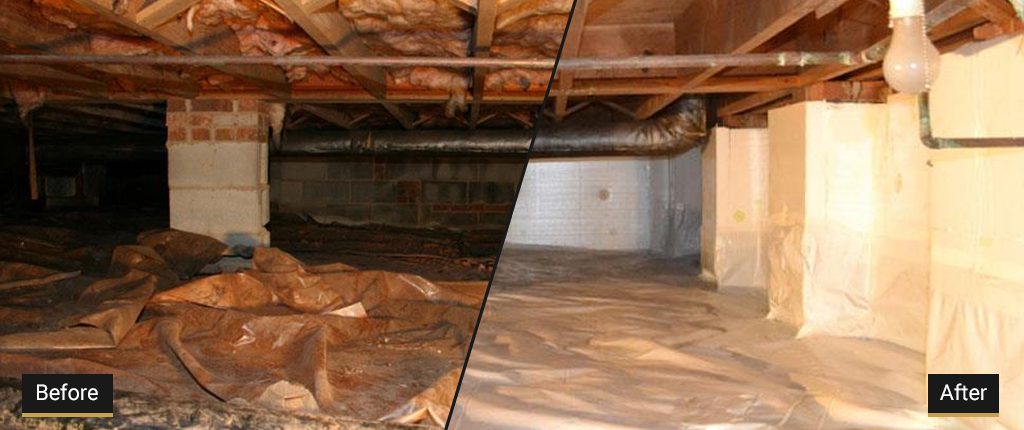 A crawlspace with sealed and insulated walls and floor, illustrating modern construction techniques to prevent moisture and mould.