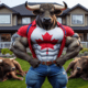 A muscular Canadian bull standing triumphantly over two normal bulls
