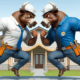 Two home inspector bulls wearing clothes and hard hats charging at each other
