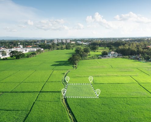 Aerial view of a residential subdivision with visible property lines