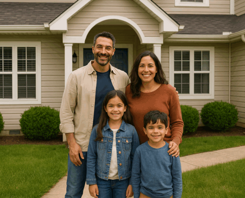 Family of four smiling in front of their suburban two-story home