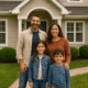 Family of four smiling in front of their suburban two-story home