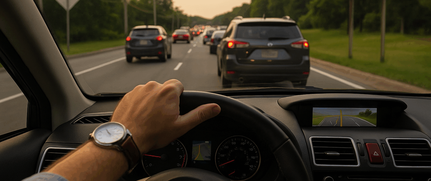 iver’s perspective in rush-hour traffic with watch and GPS visible.