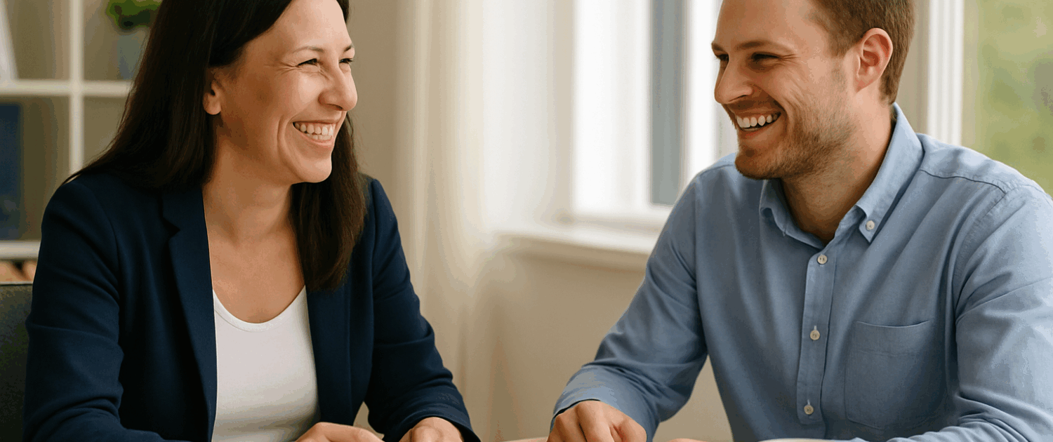 Two professionals smiling while negotiating across a table with coffee mugs.