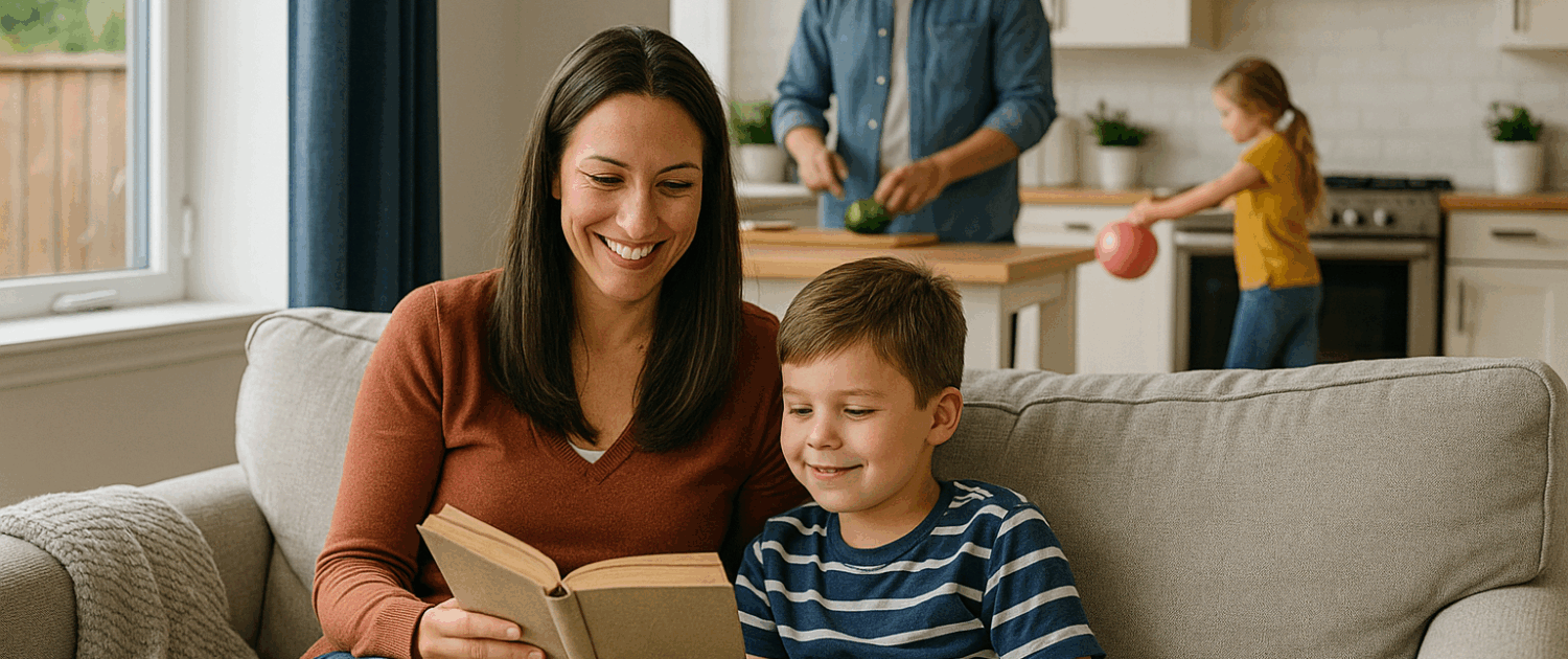 Mother reading to son on couch while father cooks and daughter plays.
