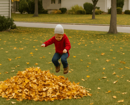 Young child jumping into a pile of freshly raked fall leaves on a suburban lawn.
