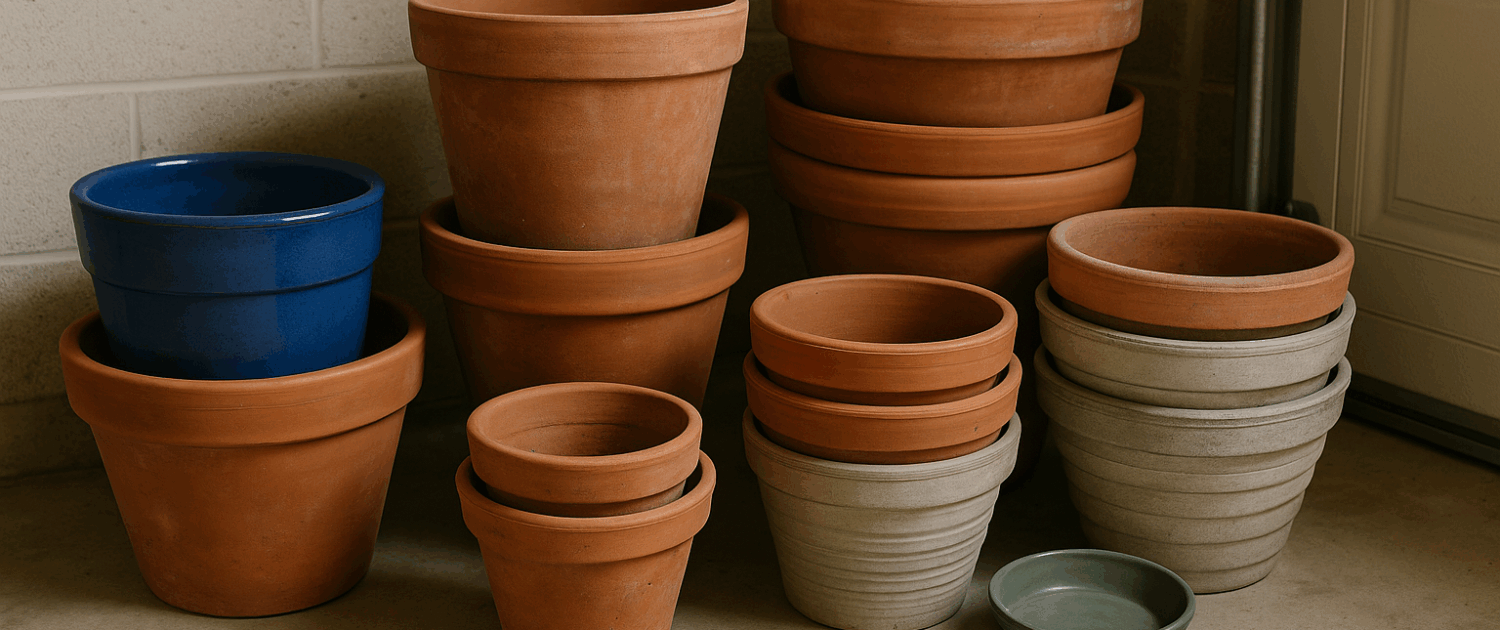 Fall garden cleanup empty clay pots stored for winter.