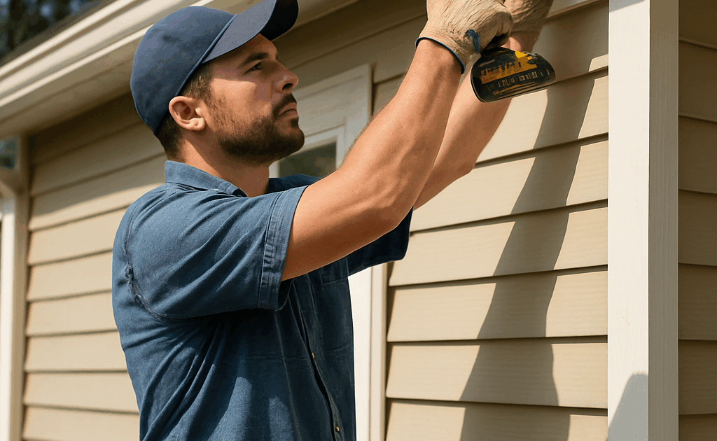 A handyman working on the exterior of a house