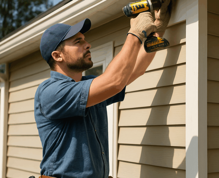 A handyman working on the exterior of a house