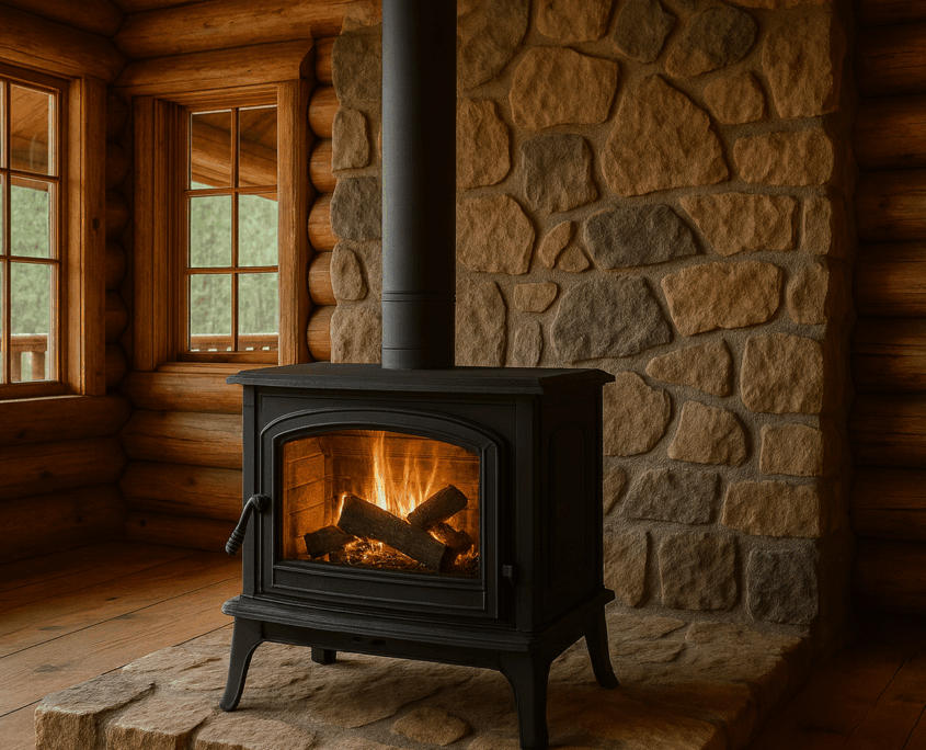 A wood stove in a rustic lodge