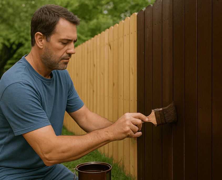 A homeowner staining his fence a rich dark brown