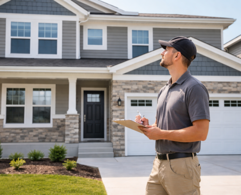 Home inspector performing a new construction inspection on a newly built house