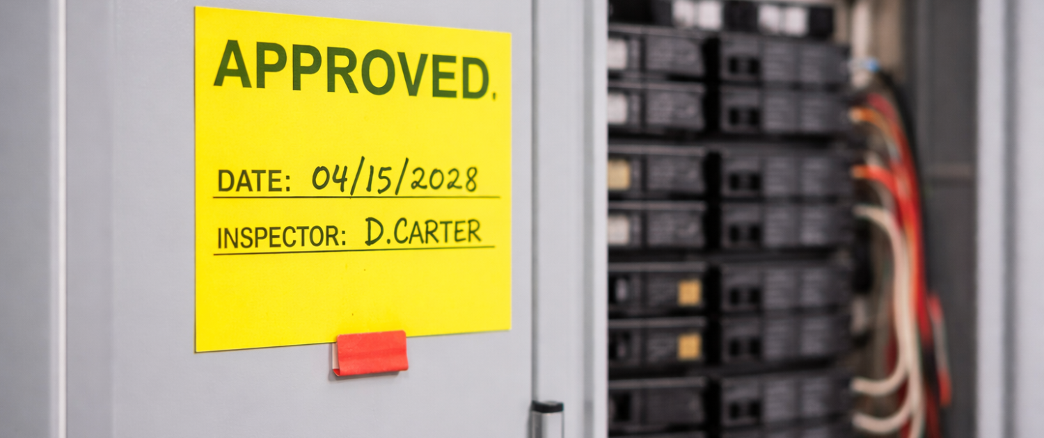 Municipal inspection approval sticker on new home equipment